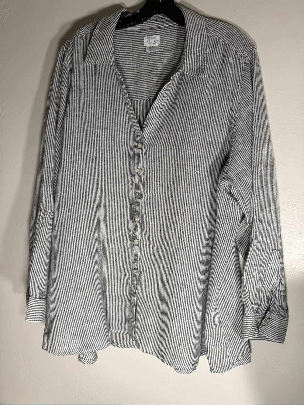 Sigrid Olsen Women’s 3X 100% Linen Striped Button Front Shirt Roll Tab Sleeve
